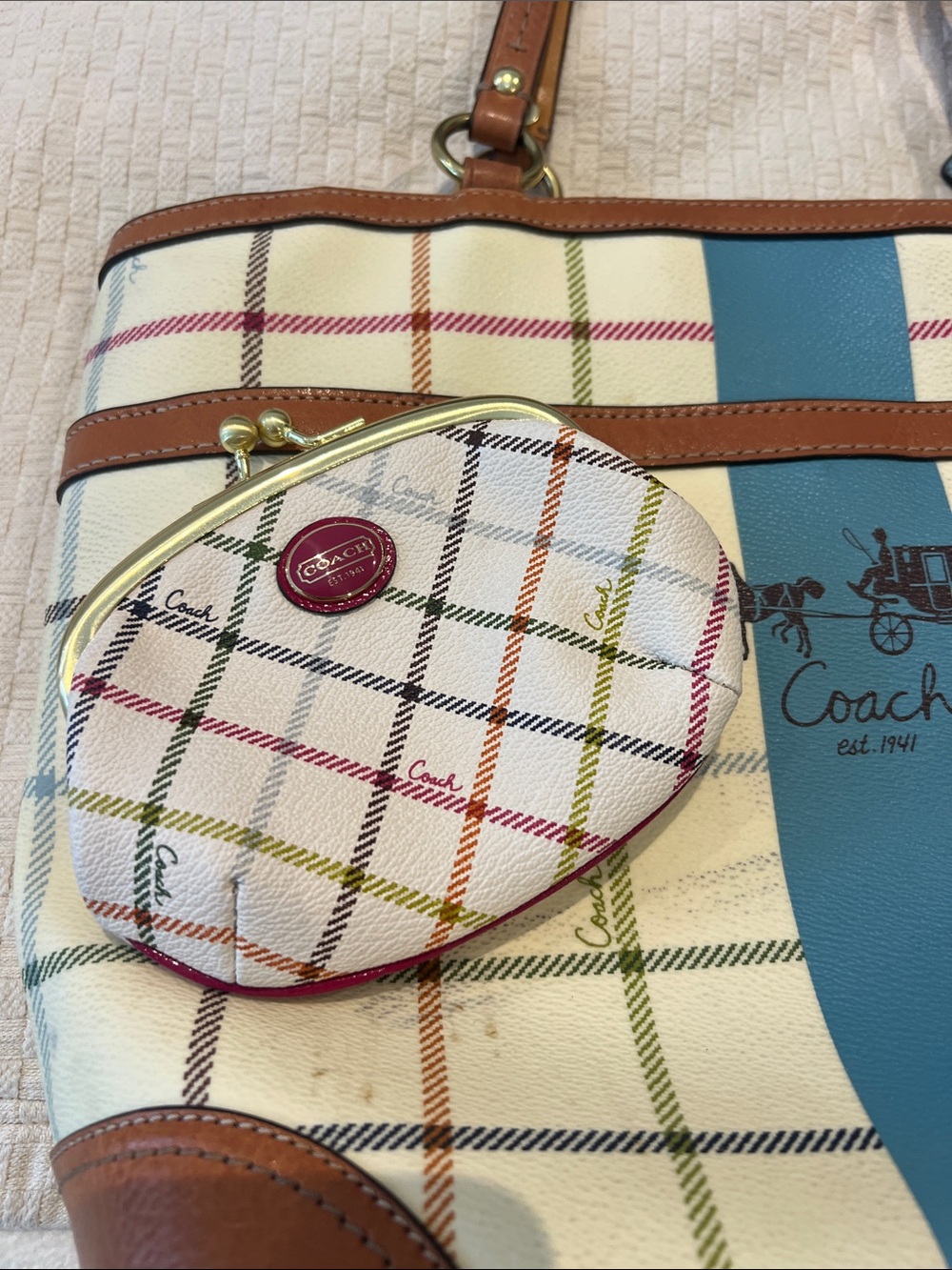 Coach Cream Plaid Tote with Blue Center Stripe and Brown Leather